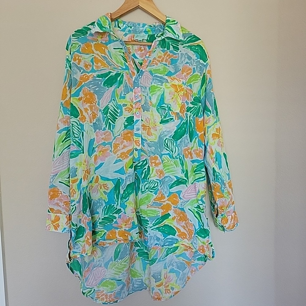 True Destinations Button Down Tunic Top XL Long Sleeve Resort Tropical Colorful